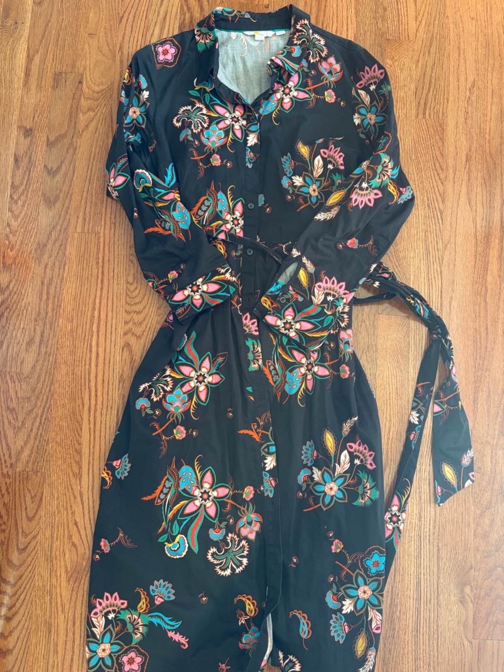 Boden Black Floral Button-Front Dress with Tie Waist